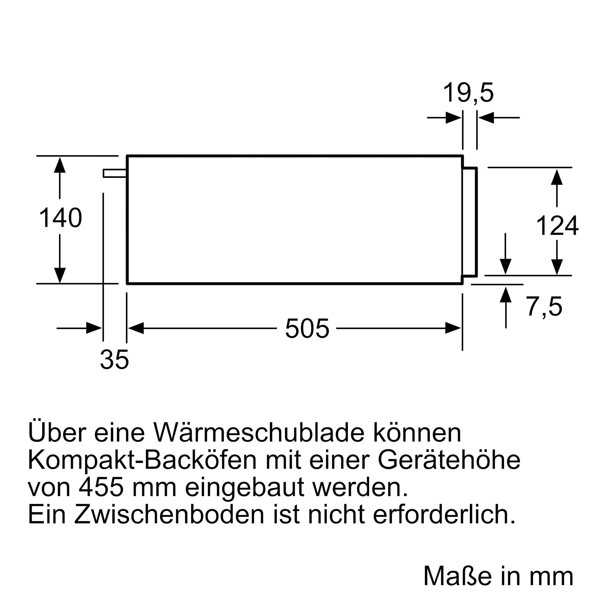 Technische Zeichnung mit Maßen für eine Wärmeschublade. Höhe 140 mm, Breite 505 mm.