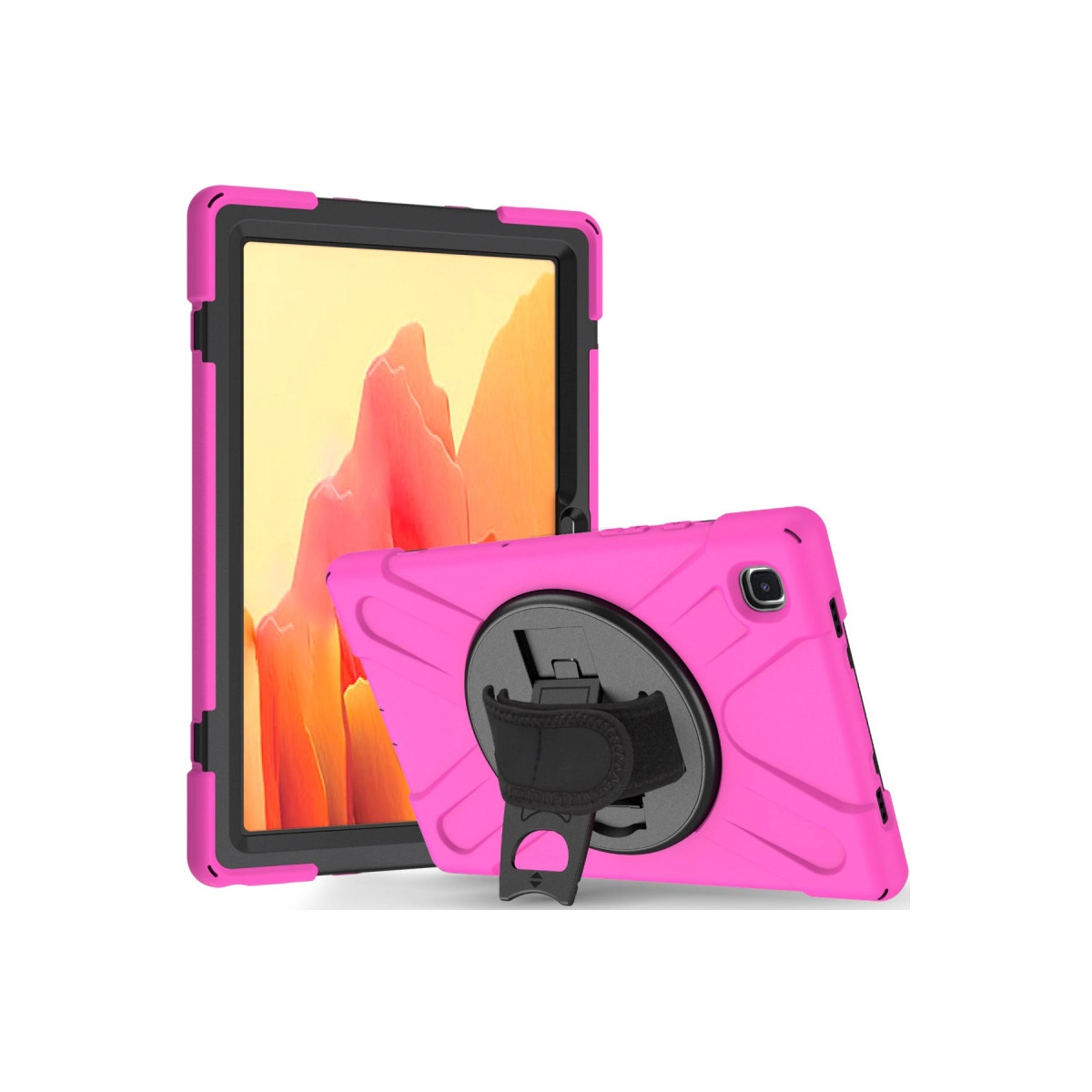 Ayaklıklı ve el kayışlı iki pembe tablet kılıfı, biri dik, biri yatay konumda.