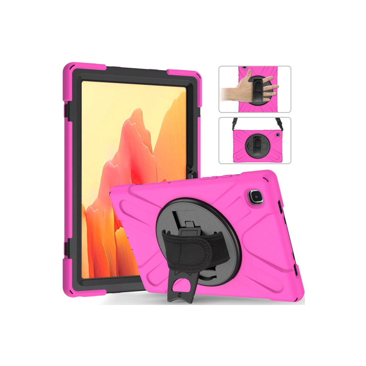 Standlı pembe tablet, koruyucu kılıfı içinde beyaz zeminde sergileniyor.