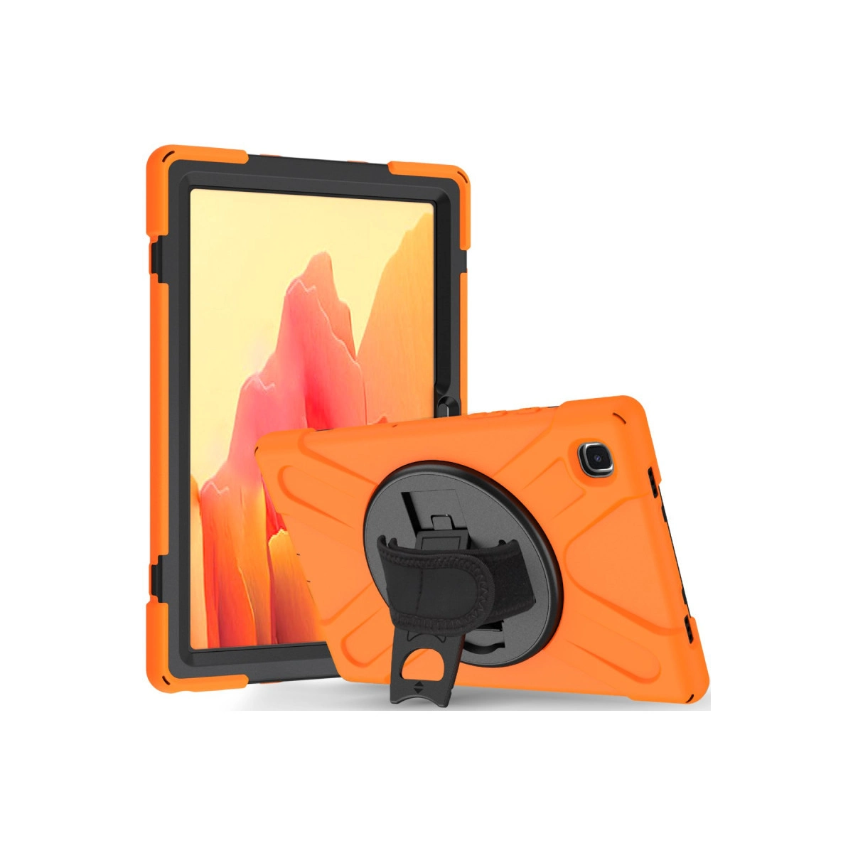 Kulp ve stantlı iki turuncu tablet kılıfı, biri dik, biri yatık konumda.