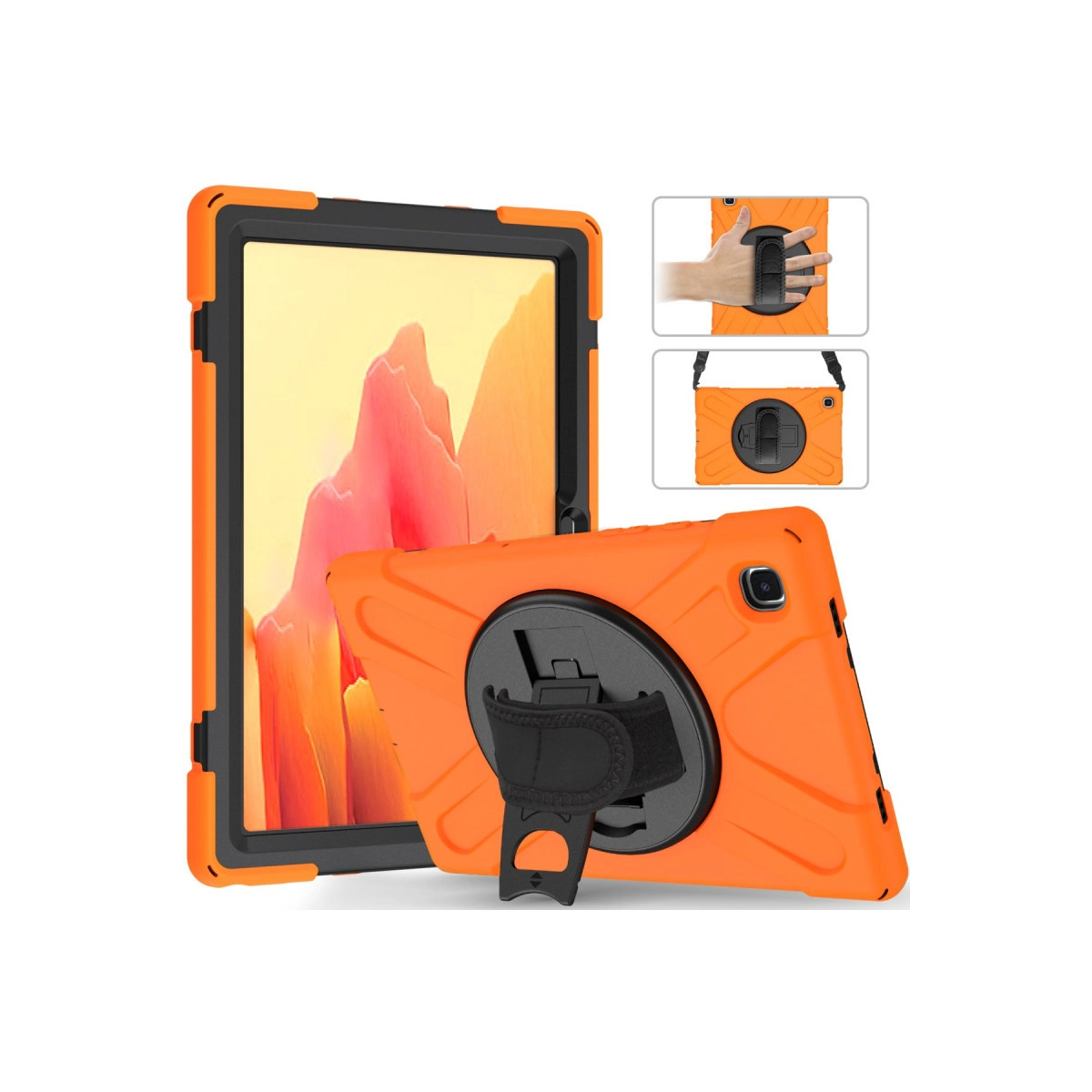Turuncu tablet kılıfı, stant ve el kayışı ile, beyaz arka plan.
