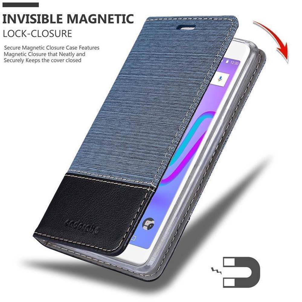 Custodia per telefono in denim blu con accento in pelle nera, chiusura magnetica.
