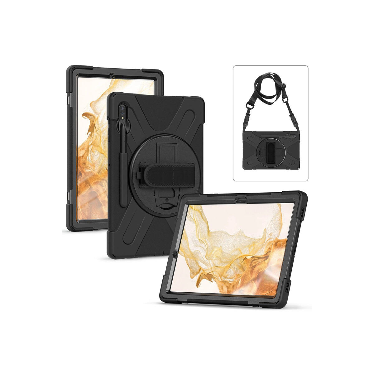 Standlı ve askılı siyah tablet kılıfları beyaz arka planda gösteriliyor.