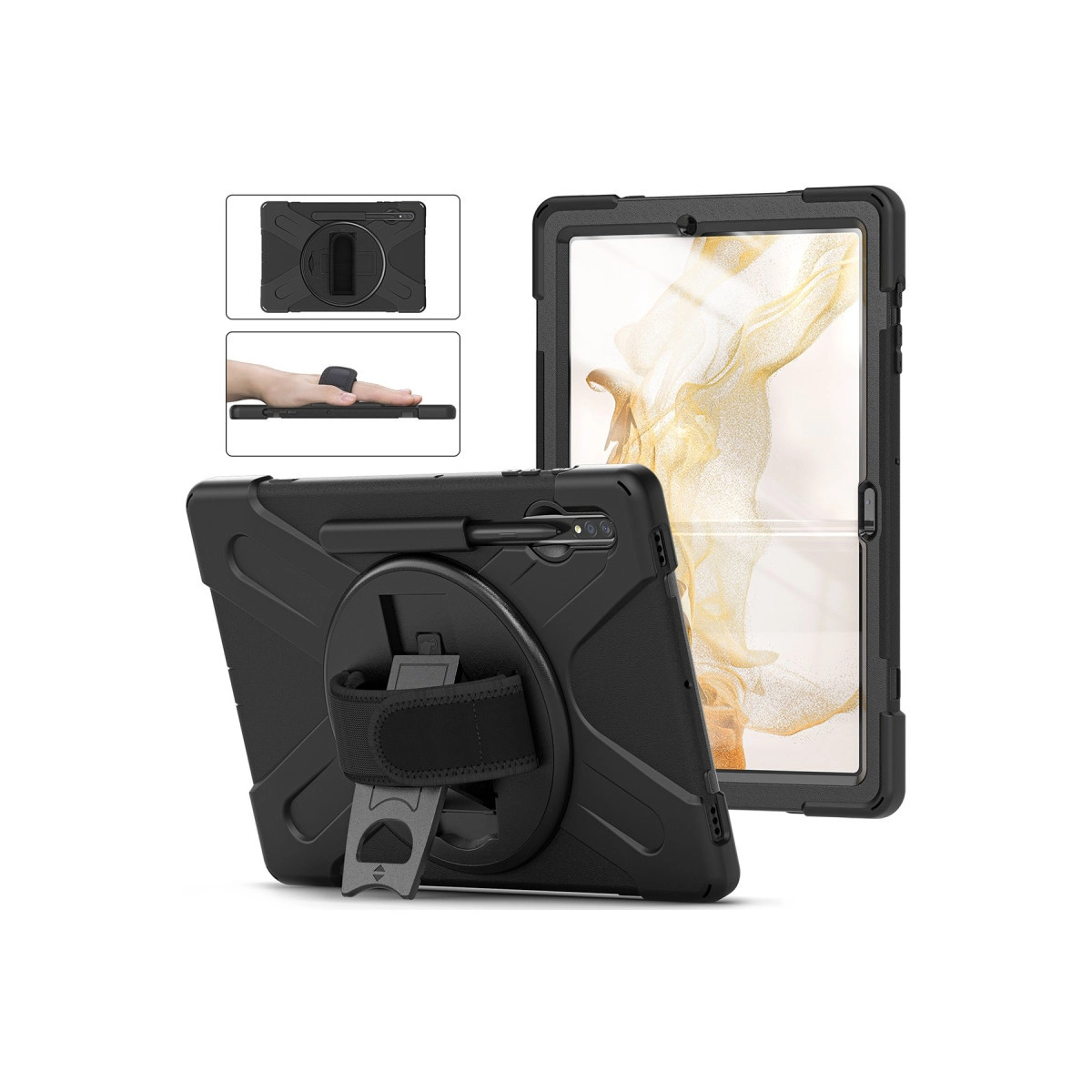 360 derece dönebilen el kayışlı ve stantlı siyah sağlam tablet kılıfı.