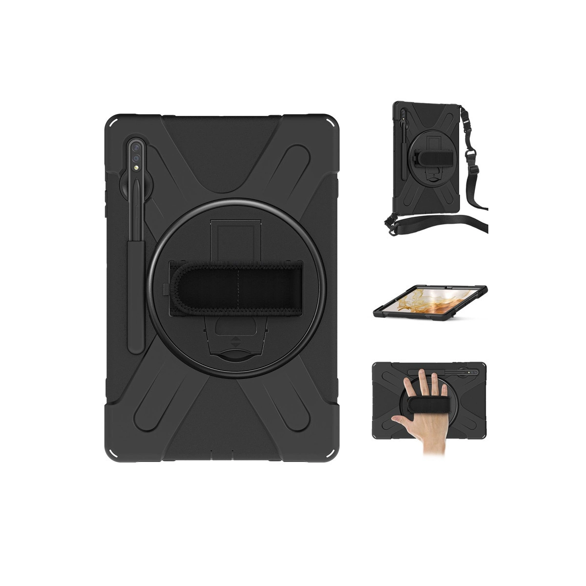 Standlı, askılı ve tutma seçenekli siyah tablet kılıfı.