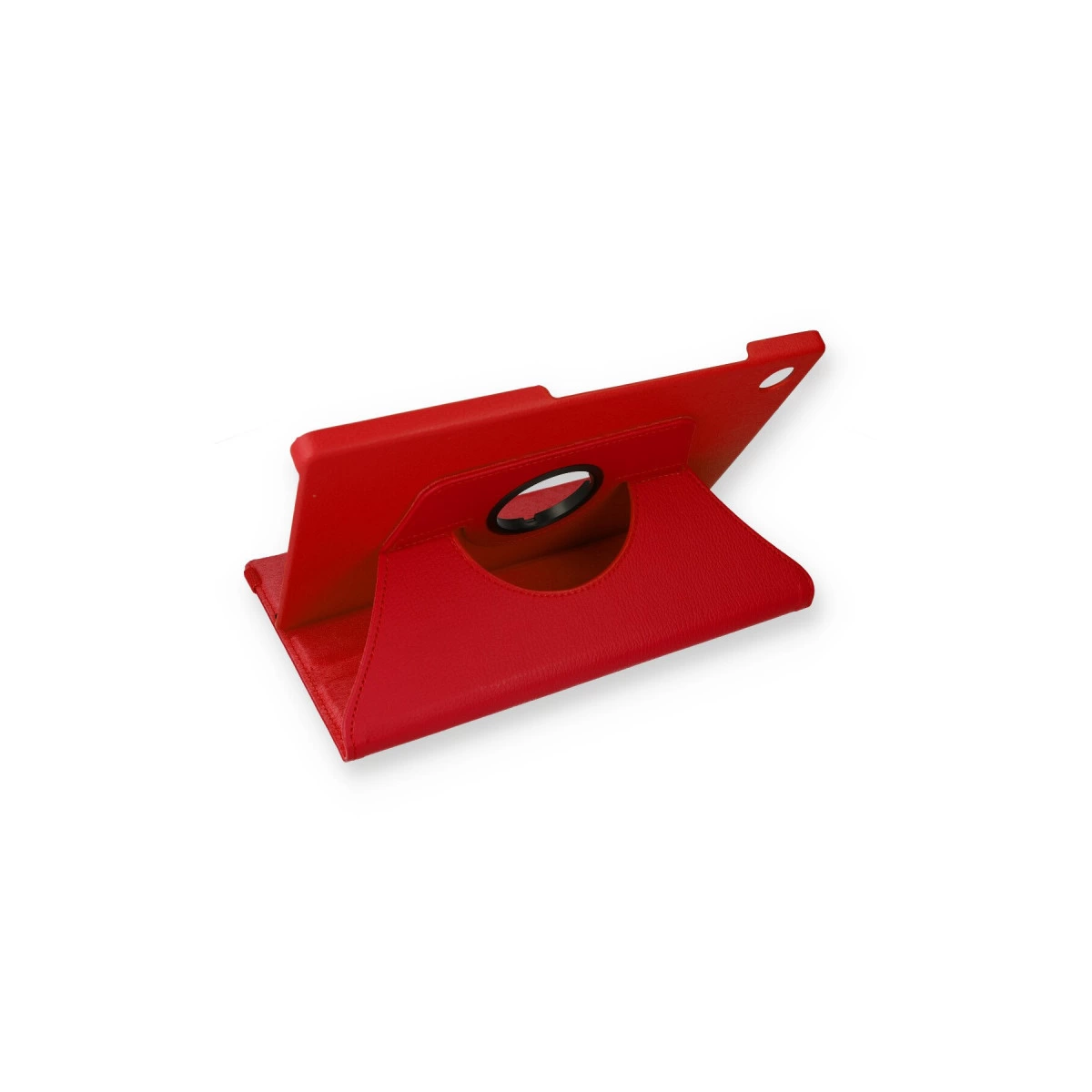Kamera delikli kırmızı tablet standı, beyaz arka plan üzerinde.