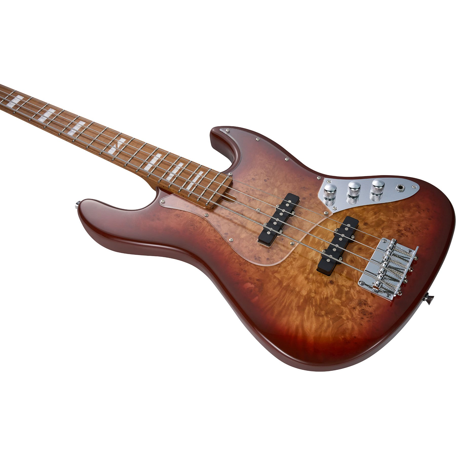 Açık ahşap sapa ve beyaz perde işaretlerine sahip kahverengi bas gitar.