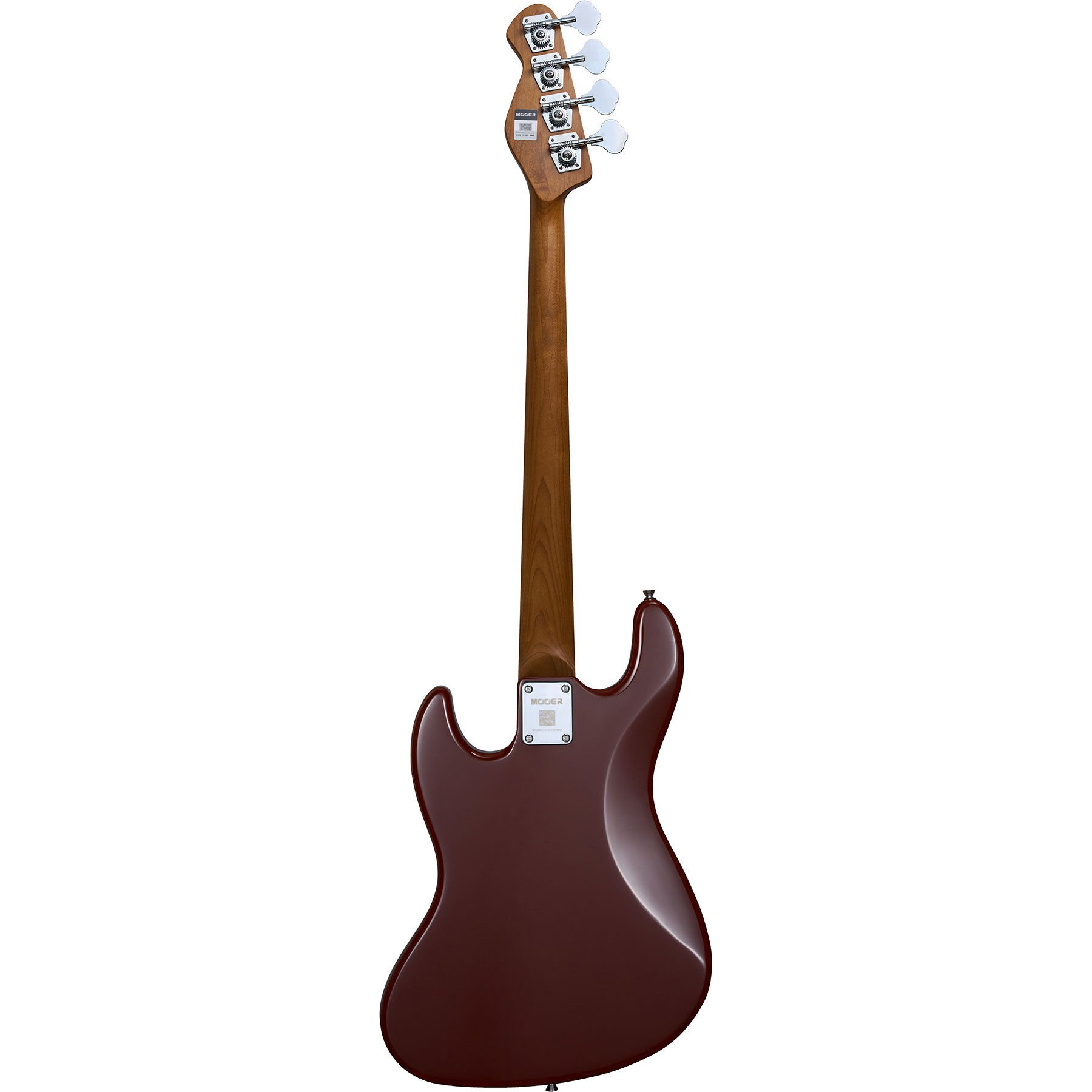 Dört akort burgusu ve ahşap deseni olan kırmızı bas gitarın arka görünümü.