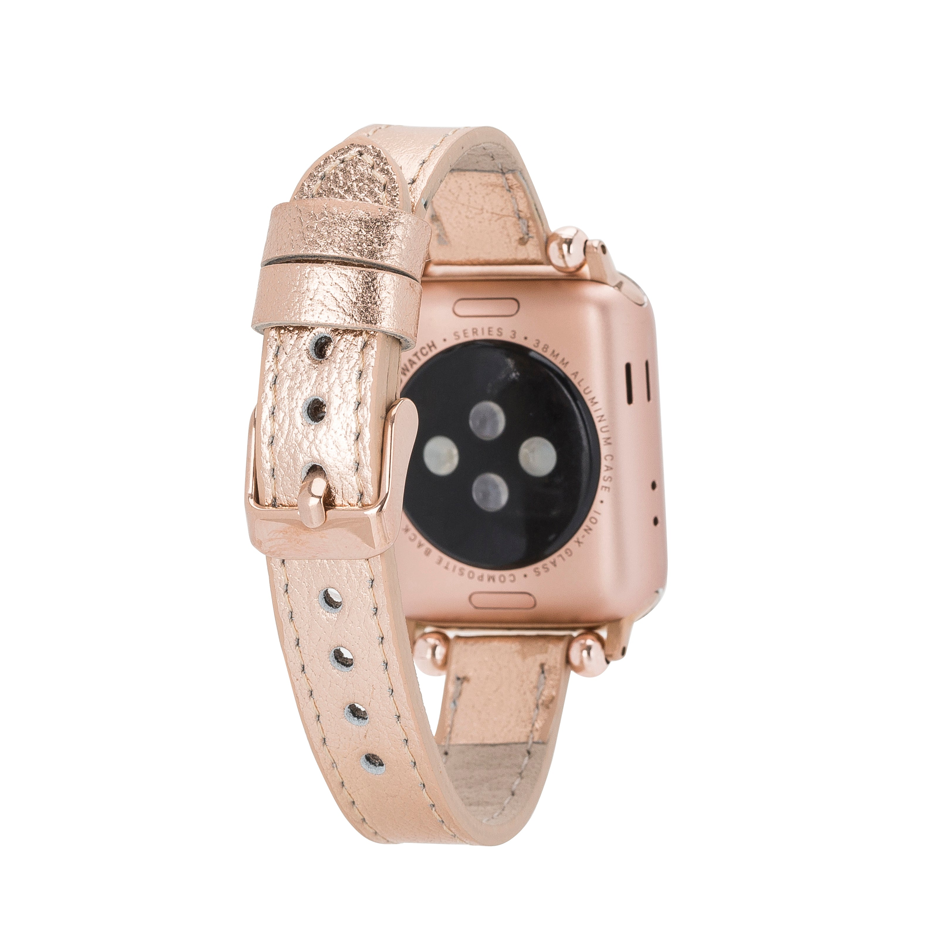 Rose altın rengi Apple Watch Series 3 38mm alüminyum kasa, deri kordonlu.
