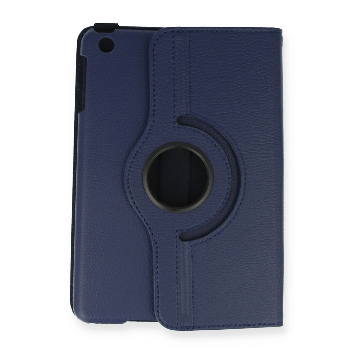 Önde dönebilen halkalı lacivert deri tablet kılıfı.