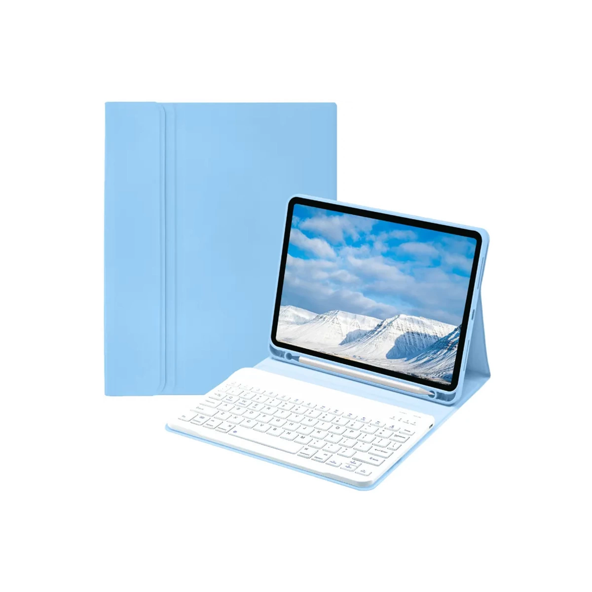 Kapalı tablet kılıfının önünde klavyeli ve kalemli açık mavi tablet.