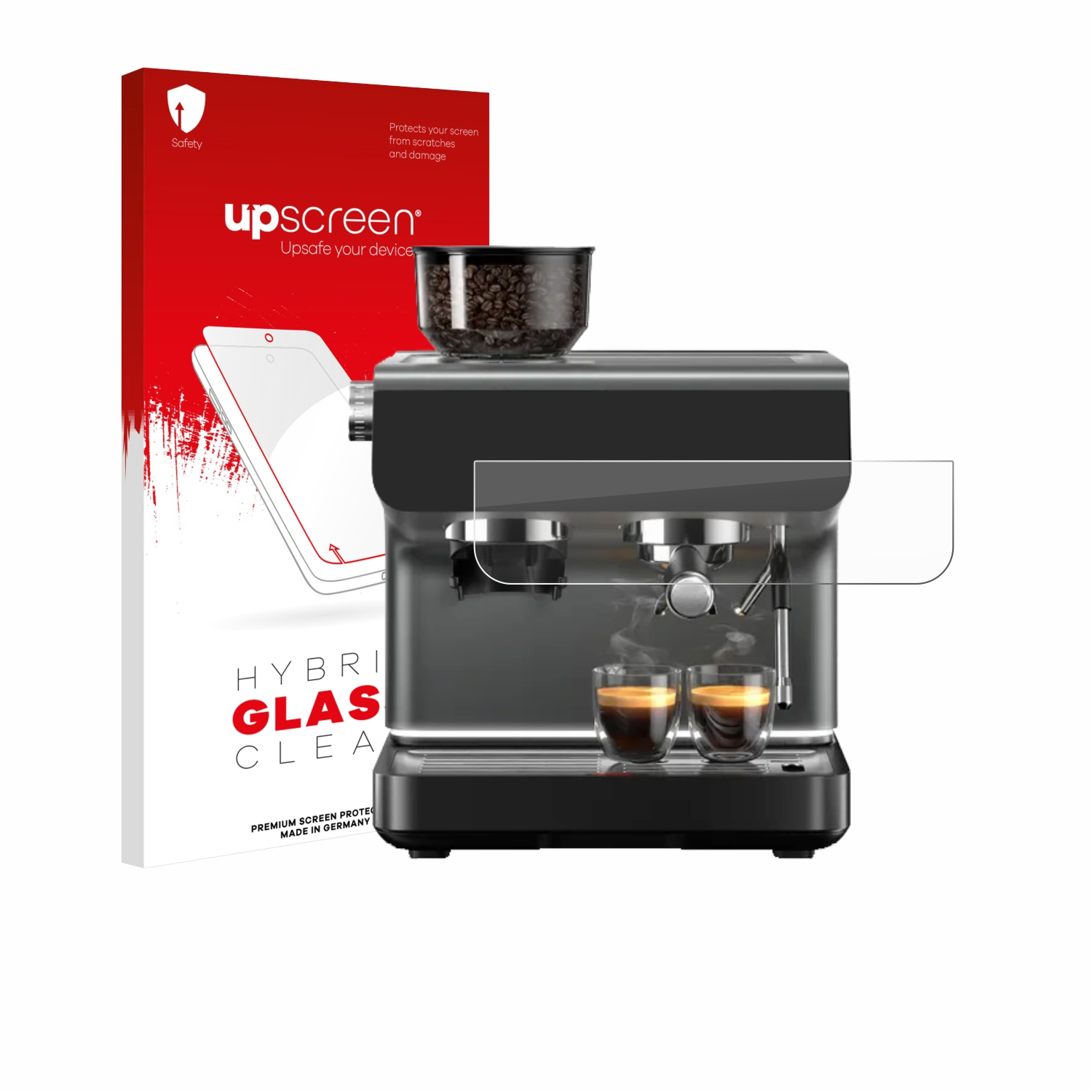 Espressomaschine mit zwei Gläsern Espresso und einer Packung Displayschutzfolie daneben.