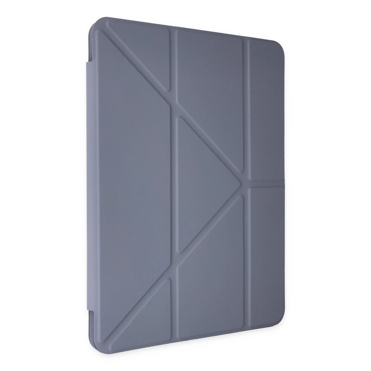 Geometrik desenli gri tablet kılıfı, beyaz arka plan üzerinde.