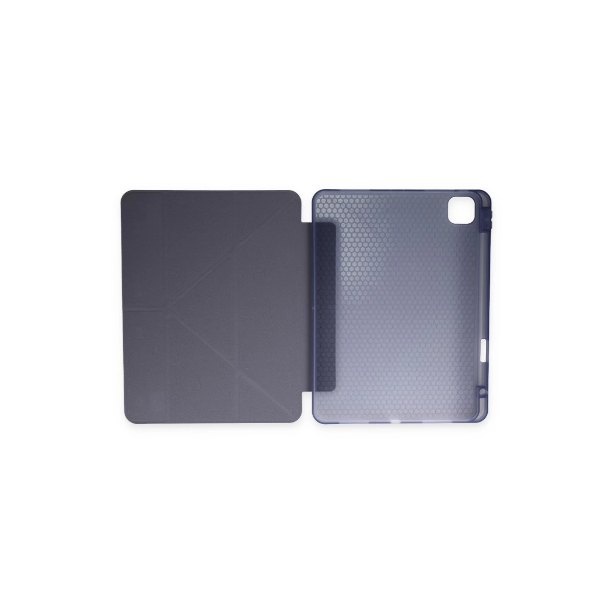 Katlanabilir kapaklı ve dokulu arkalı gri tablet kılıfı.