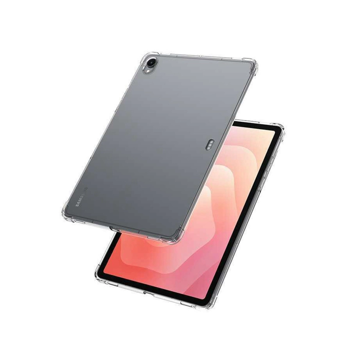 Gri bir tablet ve turuncu ekranlı bir tabletin üzerinde gösterilen şeffaf tablet kılıfı.
