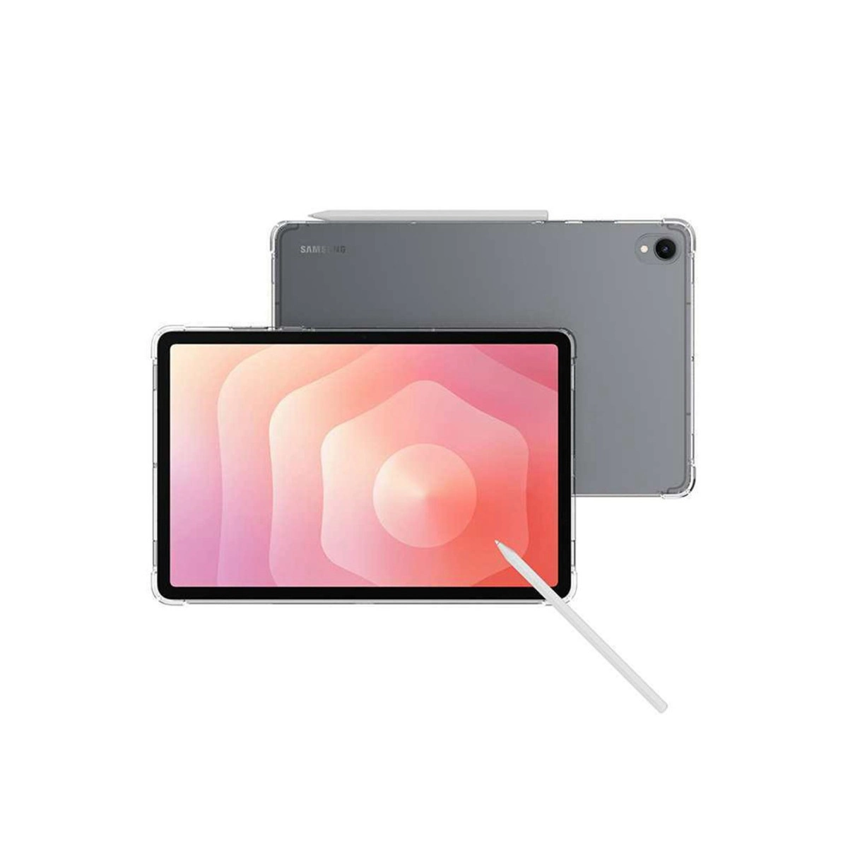 Beyaz zeminde stiluslu gri tablet, soyut pembe ve turuncu bir grafik gösteriyor.