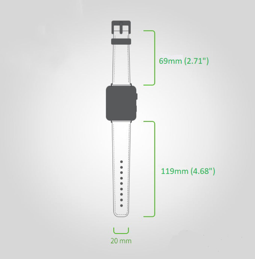 Boyutları belirtilen akıllı saat: 69mm (2,71"), 119mm (4,68") ve 20mm.