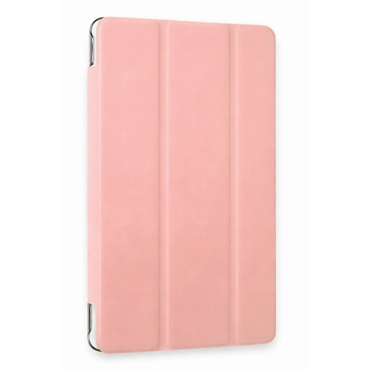 Kapalı, açık pembe tablet kılıfı, üç dikey katlanmış.