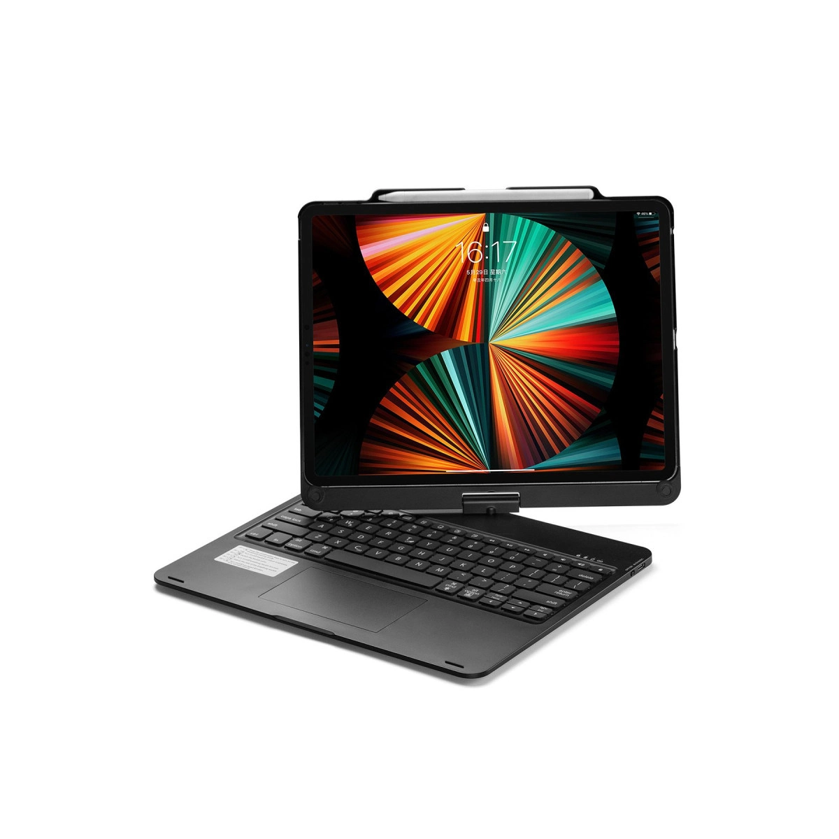 Ekranında renkli duvar kağıdı gösteren siyah bir tablet ve klavye.