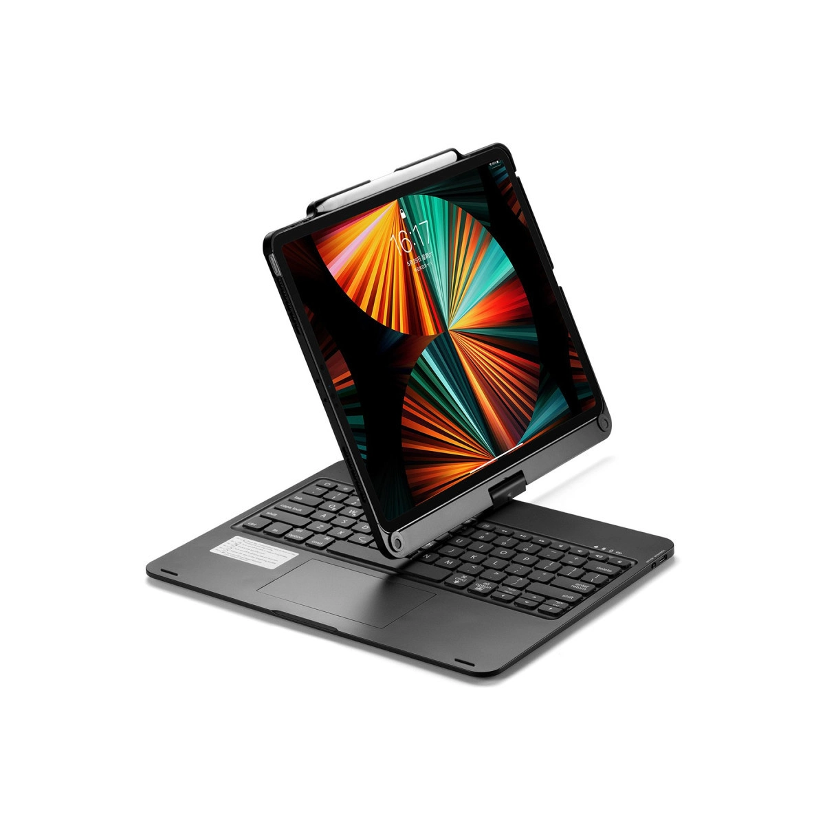Beyaz arka plan üzerinde klavyeli ve kalemli siyah tablet.