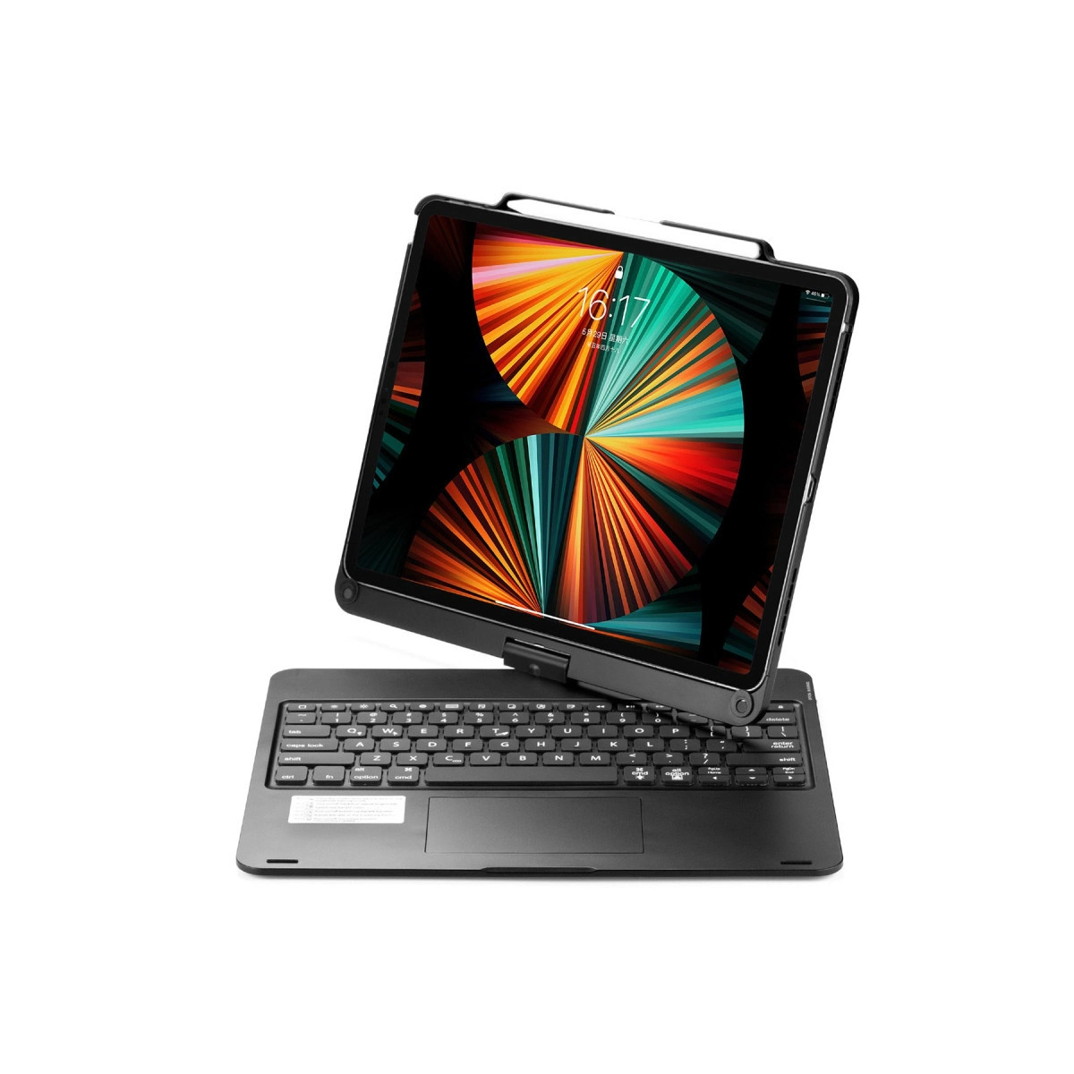 Beyaz arka plan üzerinde klavyeli ve kalemli siyah tablet.