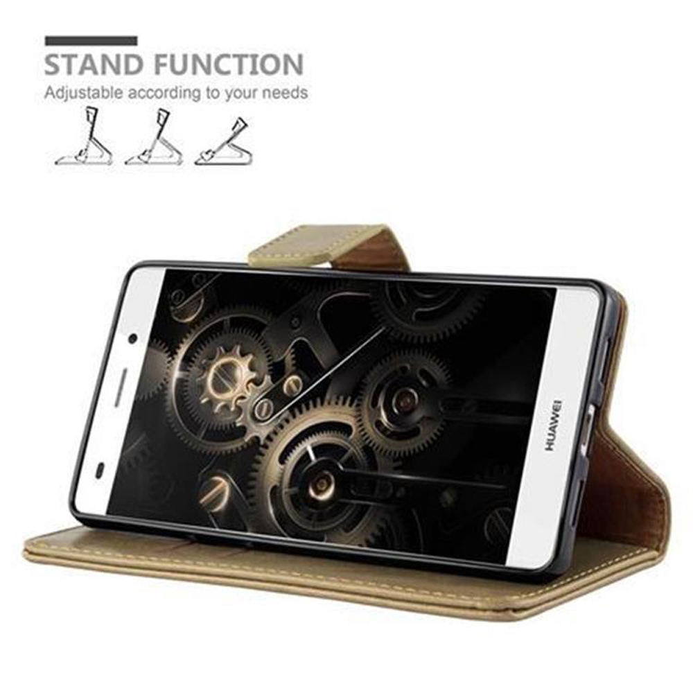 Una funda marrón para Huawei está abierta, mostrando la pantalla del teléfono con engranajes.