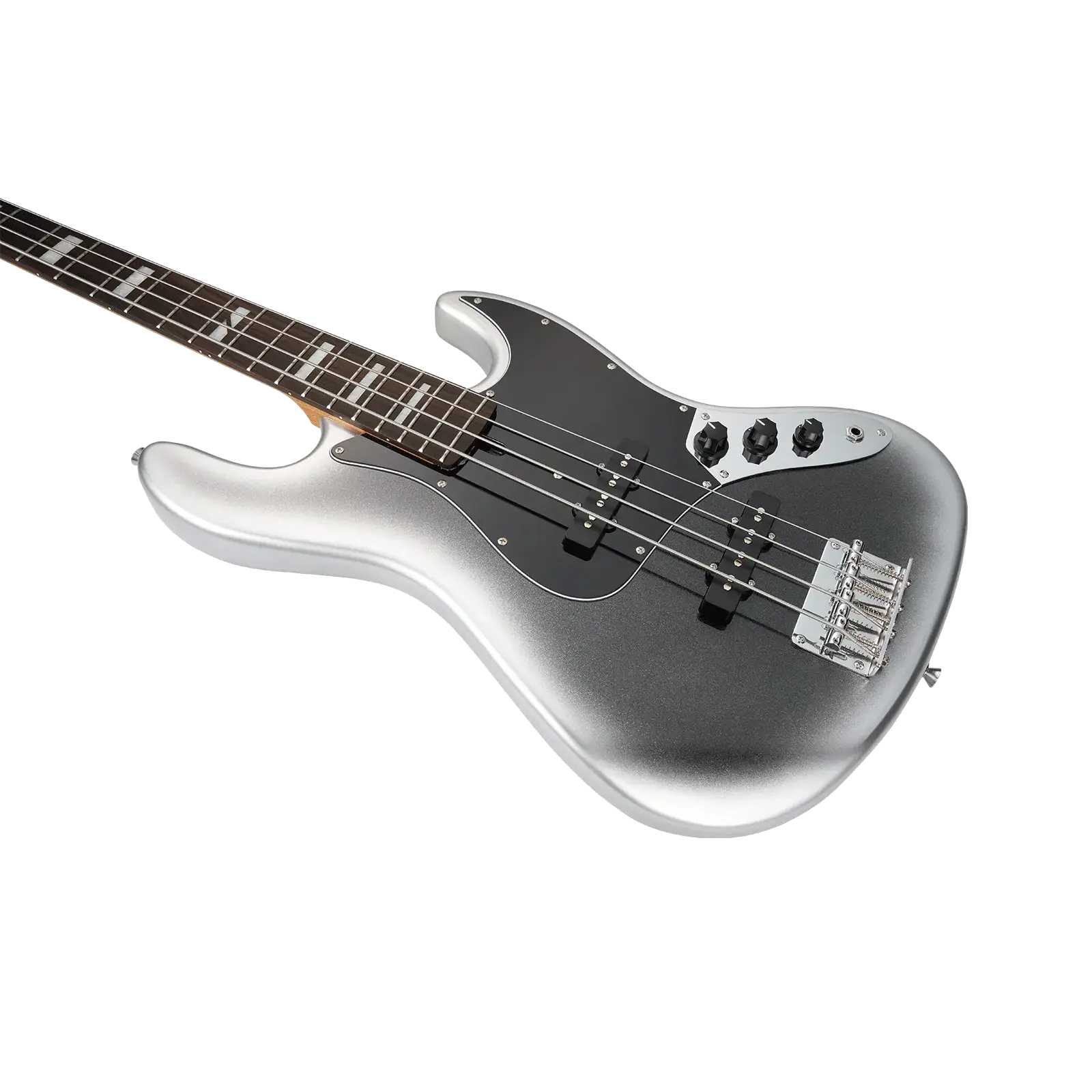 Siyah pena korumalı, dört telli gümüş rengi bas gitar.
