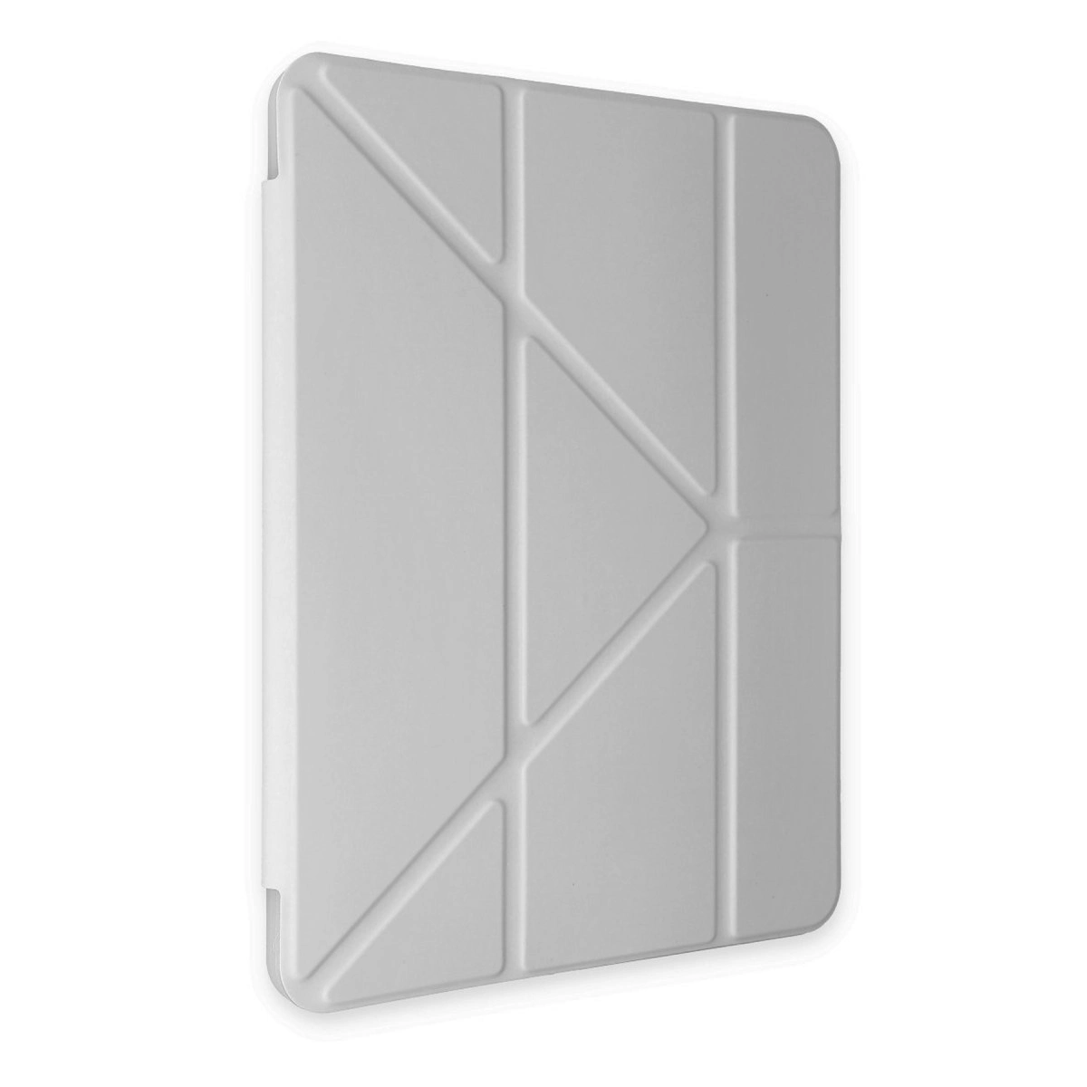 Geometrik desenli ve yuvarlak kenarlı gri tablet standı.