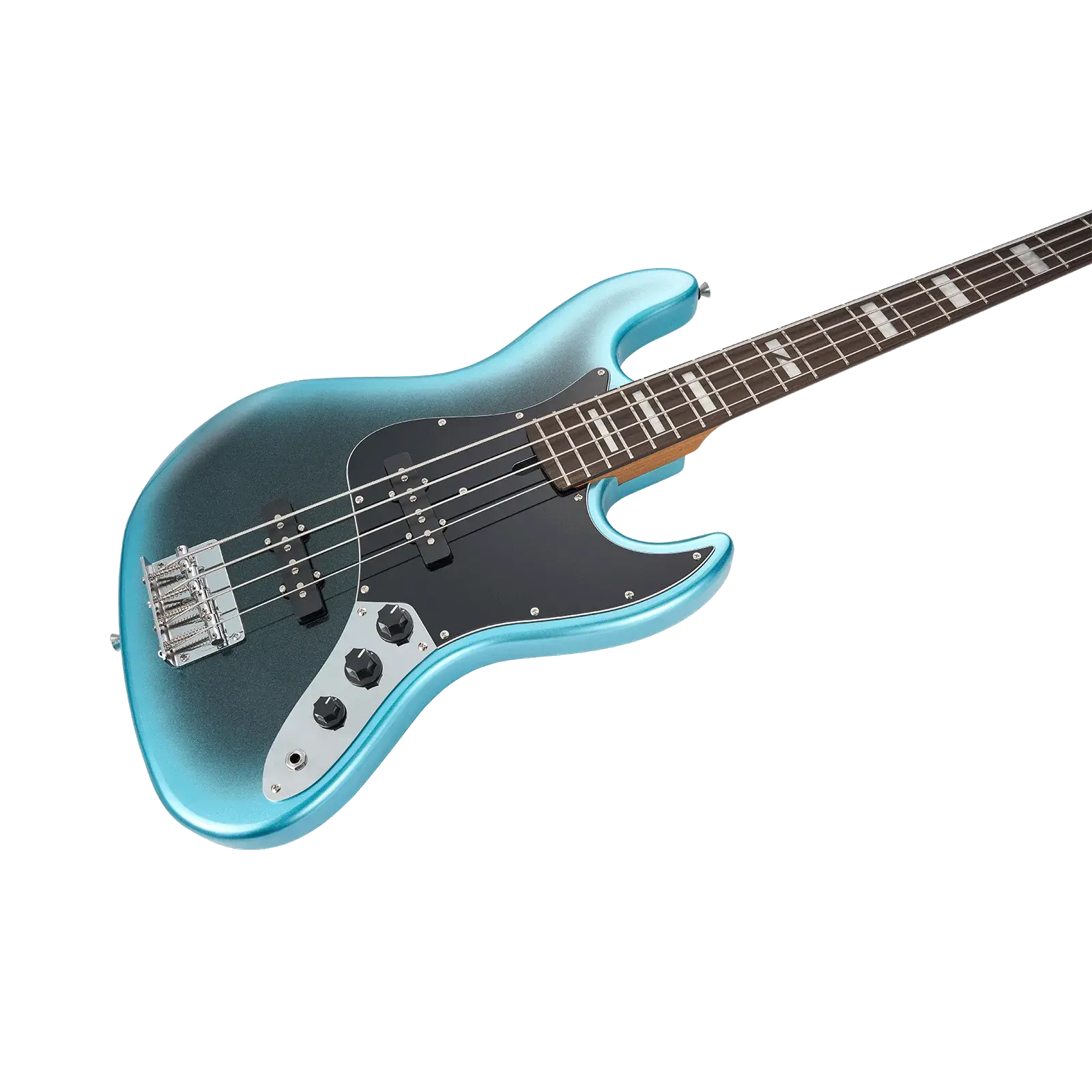 Siyah pena korumalı turkuaz dört telli bas gitar.