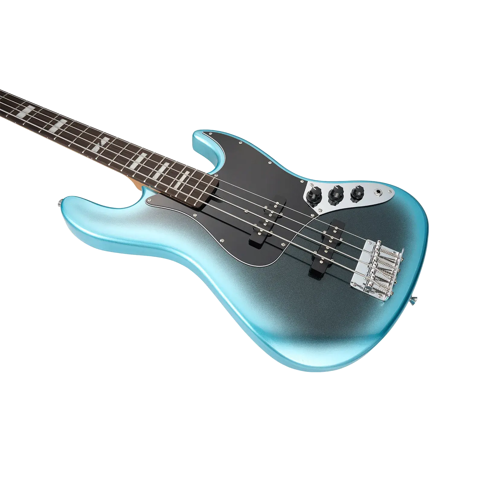 Siyah pena korumalı ve krom donanımlı turkuaz elektro bas gitar.