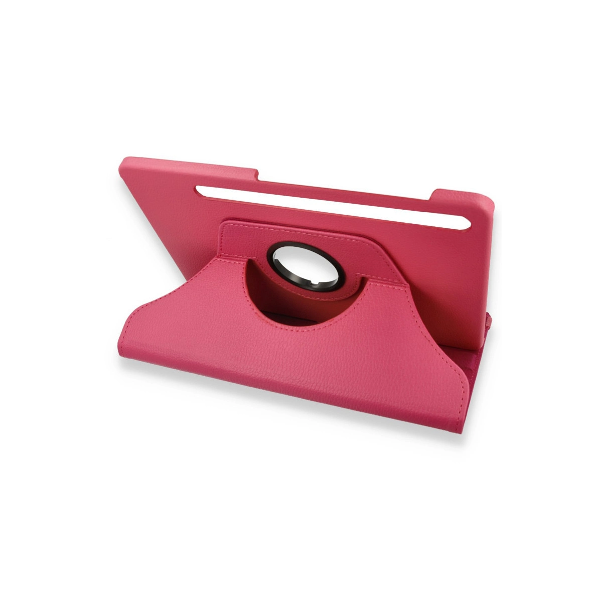 Pembe tablet standı, tutamaklı ve döner halkalı.