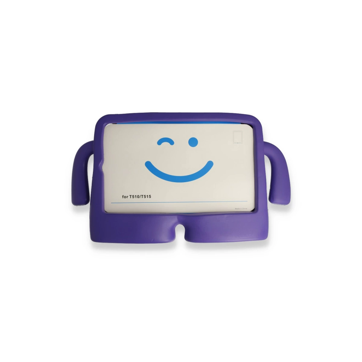 Gülen yüzlü, kollu ve bacaklı mor tablet kılıfı.