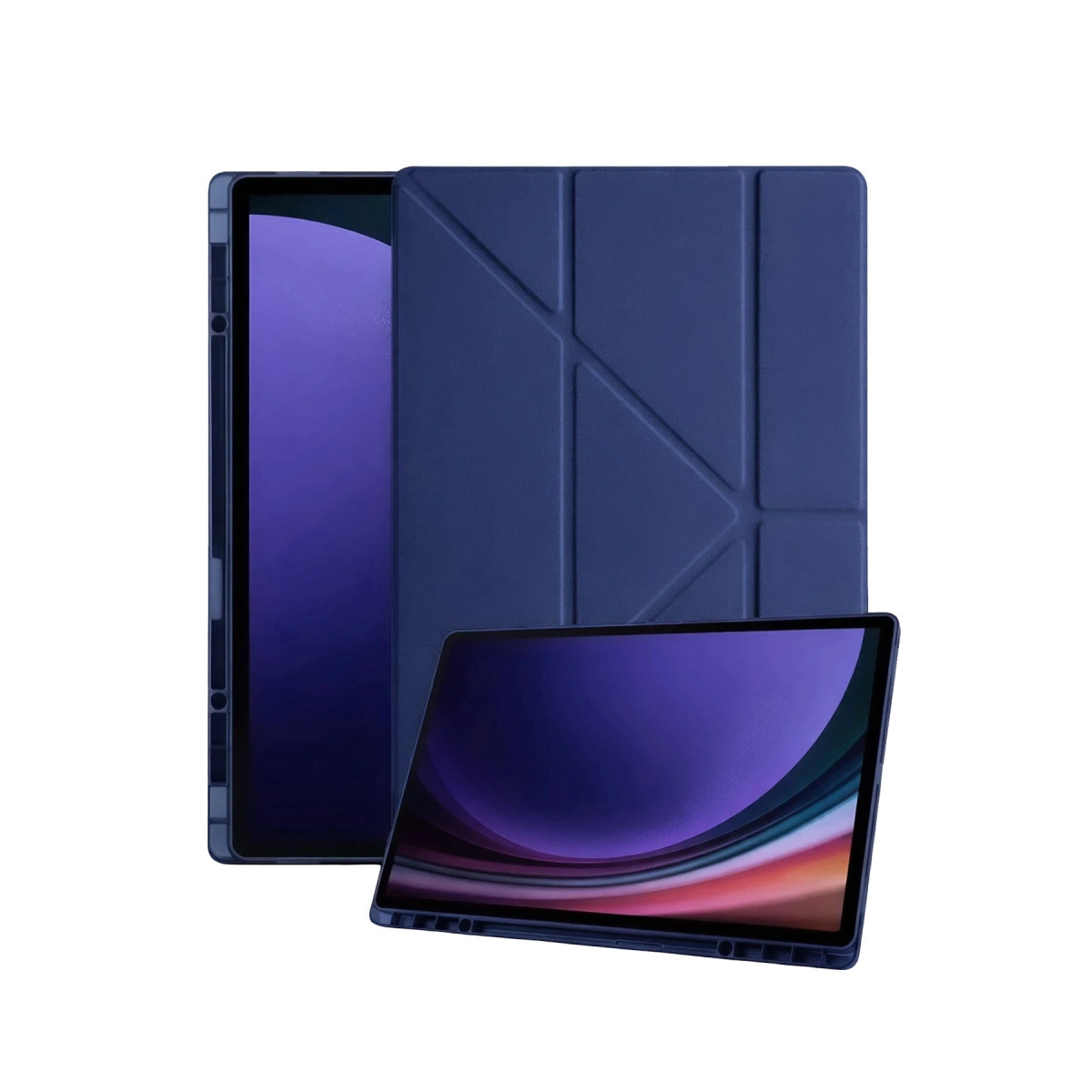 Katlanmış kılıflı mavi bir tablet yanında duruyor.