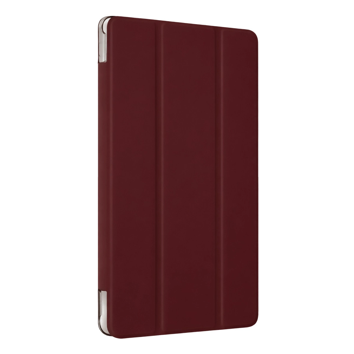 Üç dikey katlamalı ve gümüş köşeli koyu kırmızı tablet kılıfı.