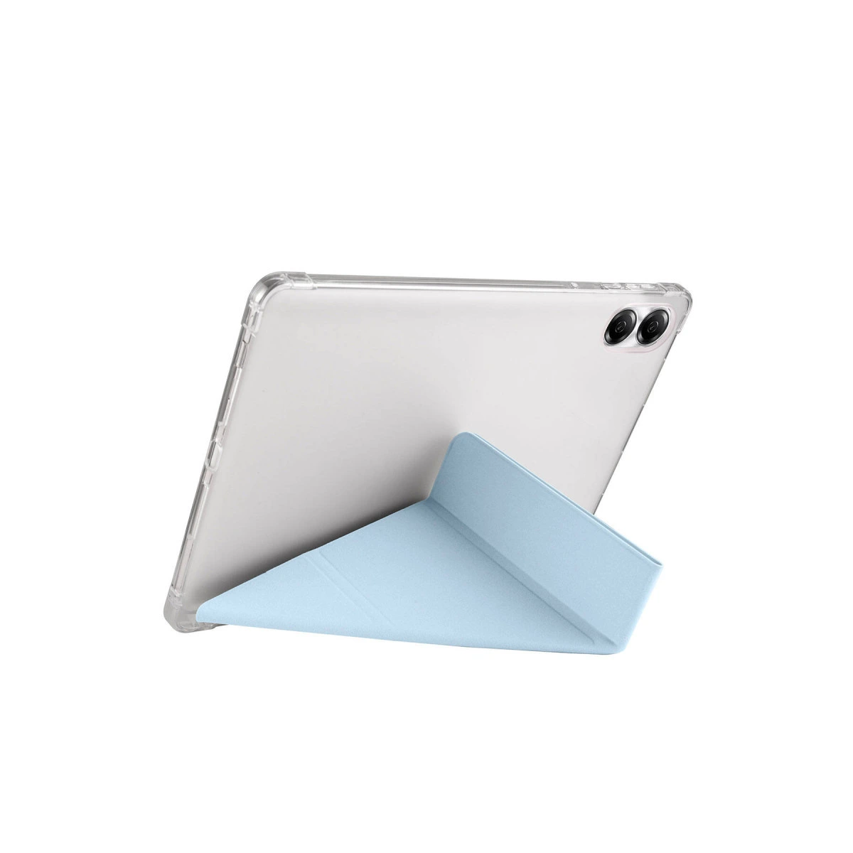 Mavi stantlı şeffaf kasalı tablet dik duruyor.