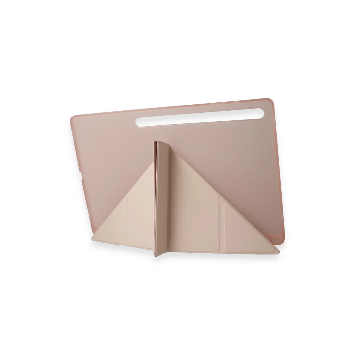 Beyaz bir yüzeyde duran, üçgen stantlı gül rengi tablet.