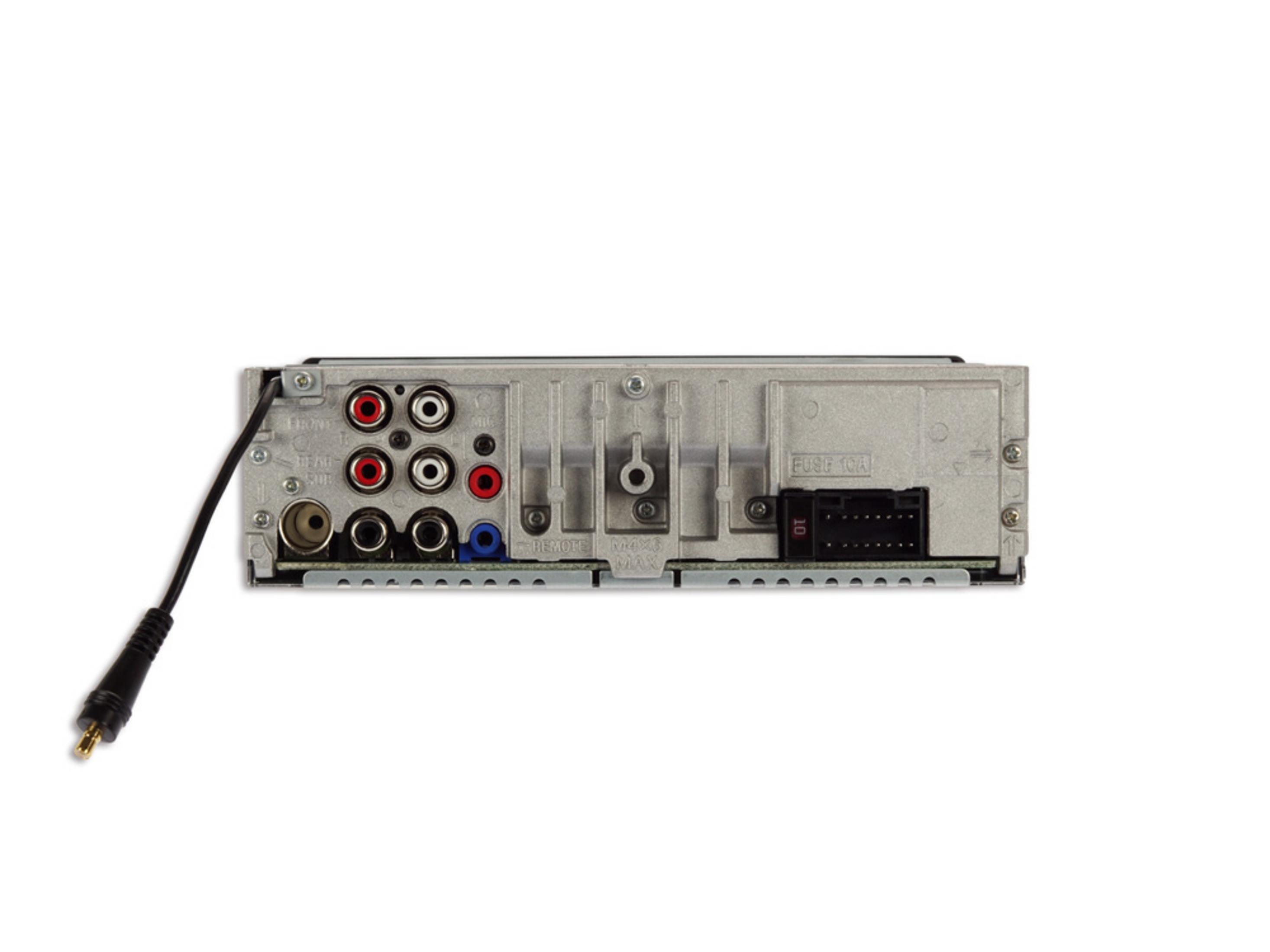 Rückseite eines Autoradios mit Anschlüssen: Cinch, Fernbedienung, Sicherung und Stecker.