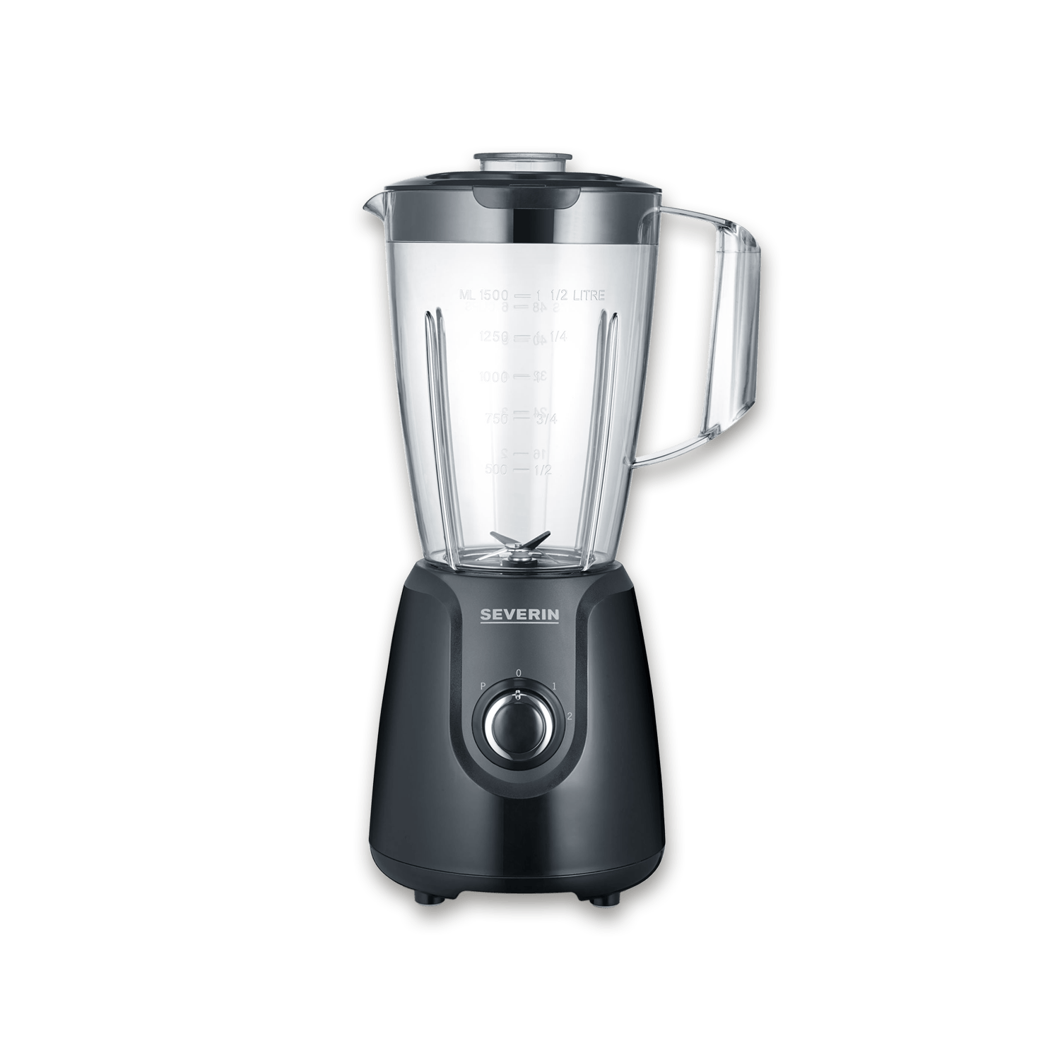 Czarny blender Severin z przezroczystym dzbankiem z podziałką i srebrnym pokrętłem.
