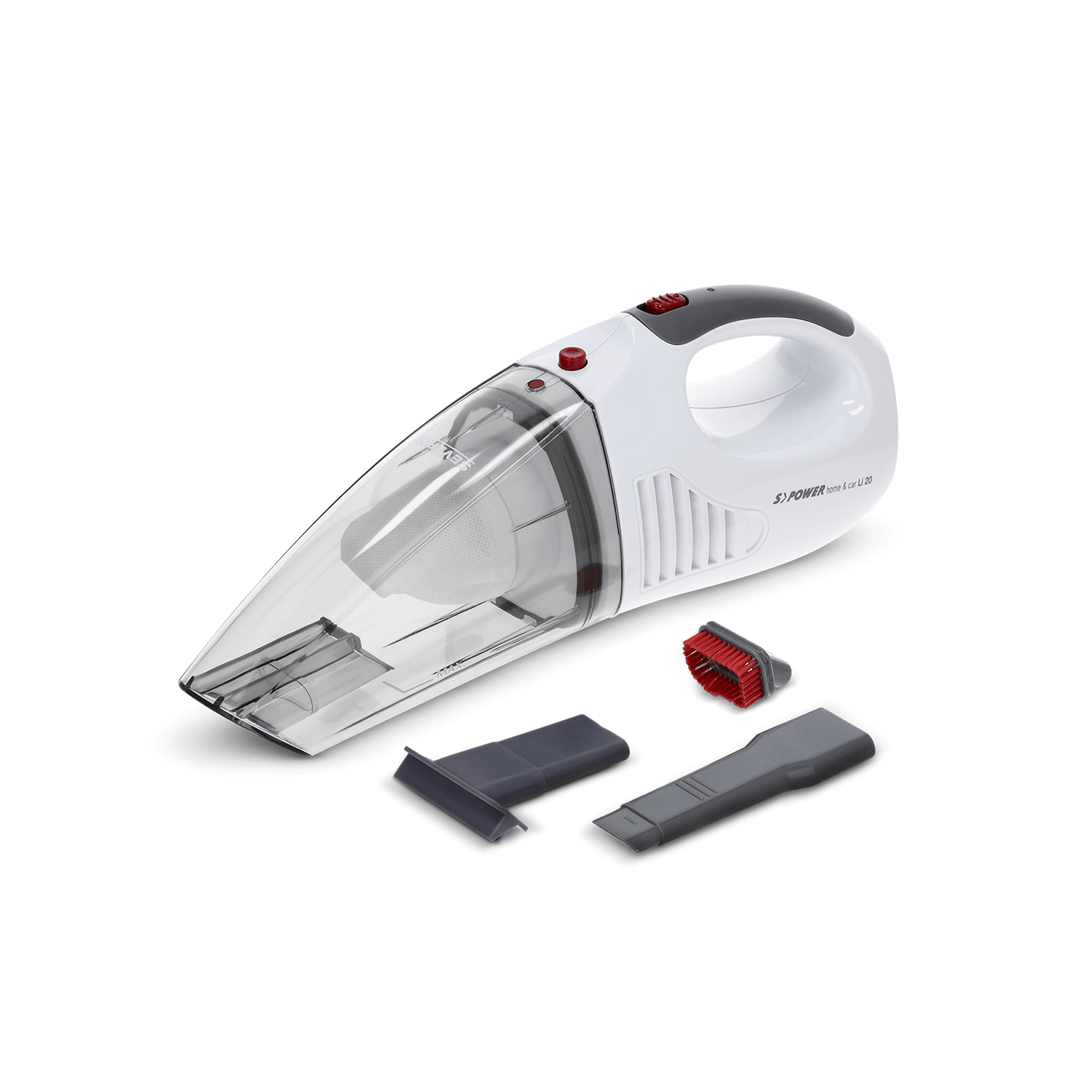 Biały odkurzacz ręczny z akcesoriami na czarnym tle.