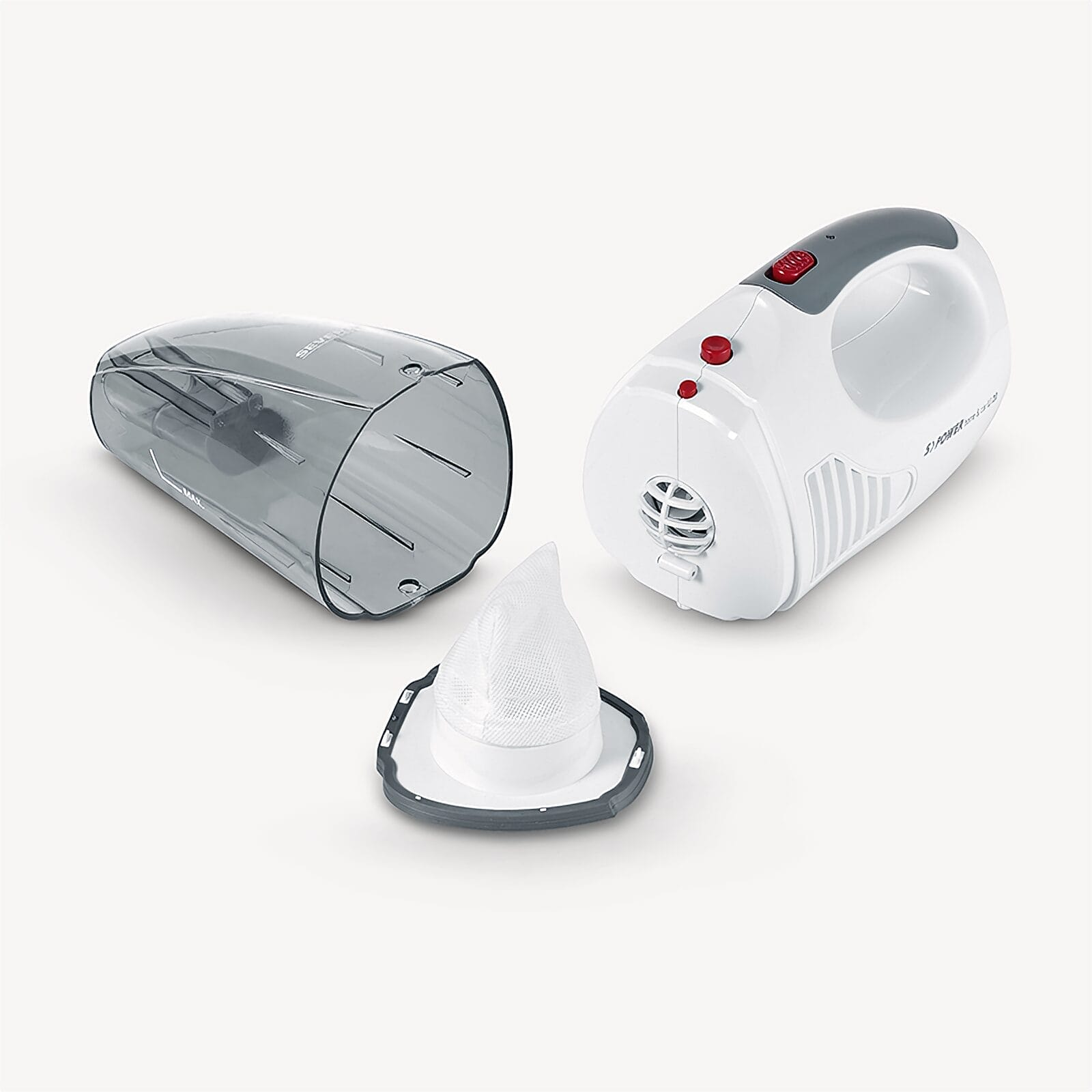 Biały odkurzacz ręczny z szarą rączką i czerwonymi przyciskami obok pojemnika na kurz i filtra.