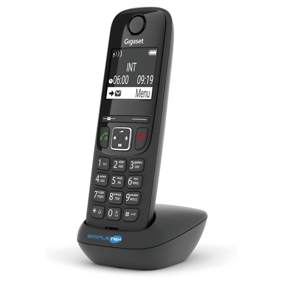 Un telefono cordless Gigaset nero con tastiera e display illuminato su una base di ricarica.