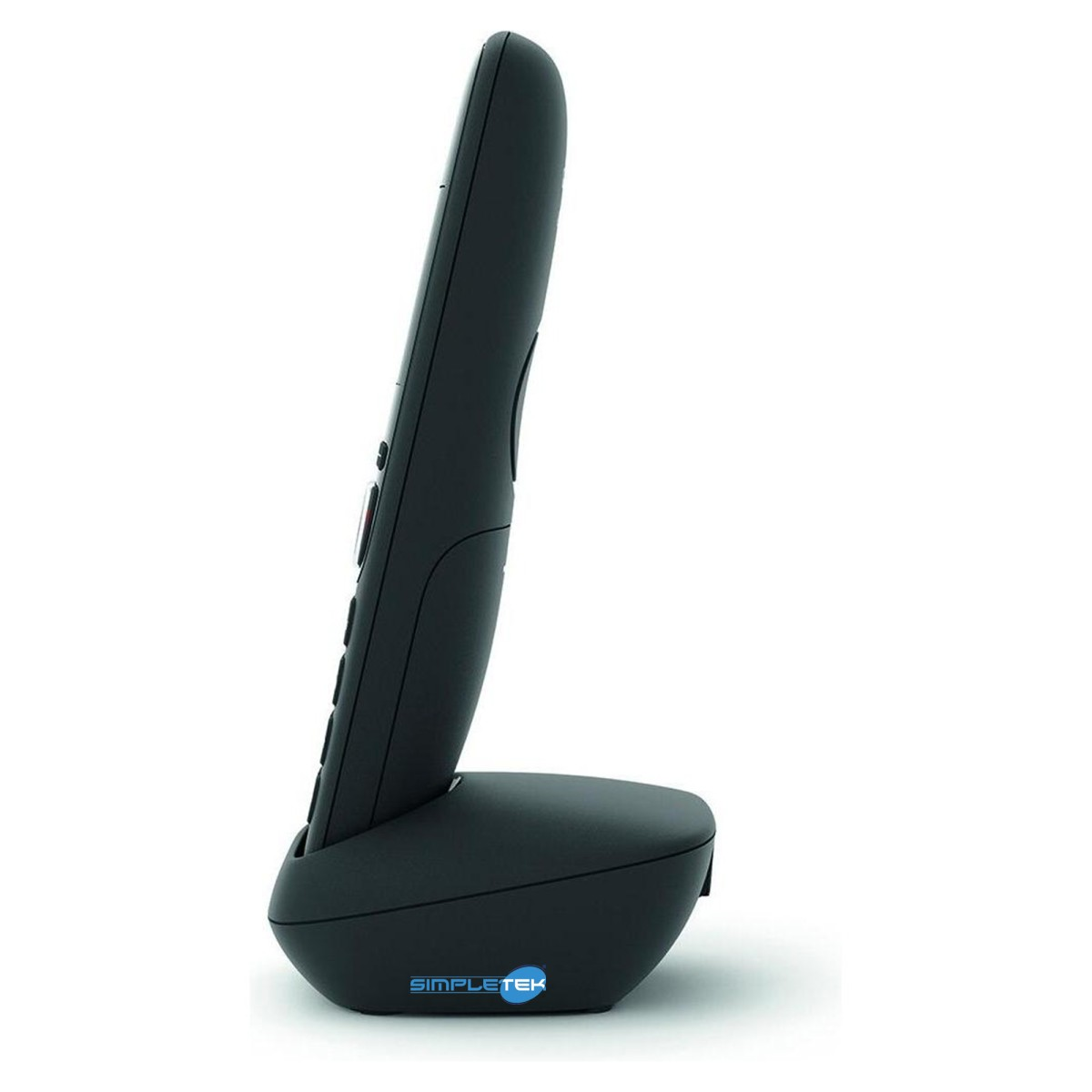Un telefono cordless nero con la sua base di ricarica, visto di profilo.