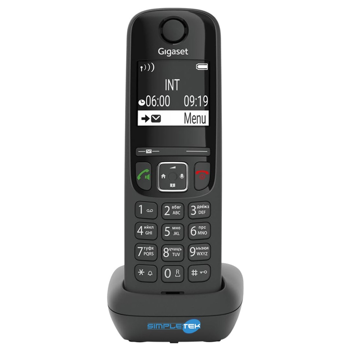 Un telefono cordless Gigaset nero con tastiera e schermo poggia su una base di ricarica.