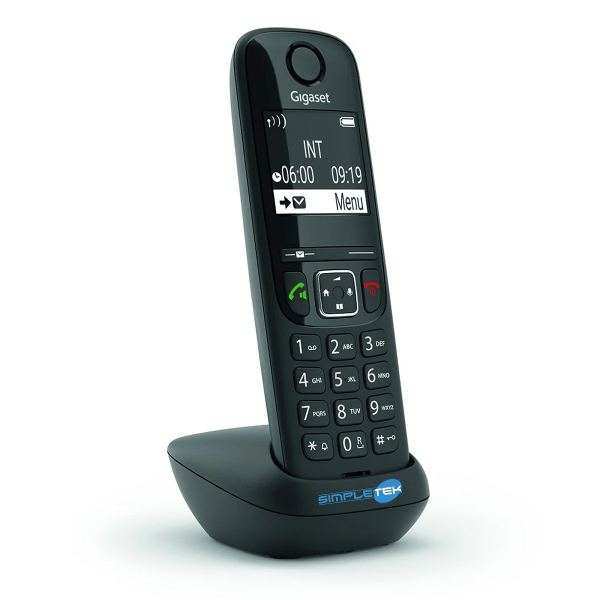 Telefono cordless Gigaset nero con base di ricarica e display illuminato.