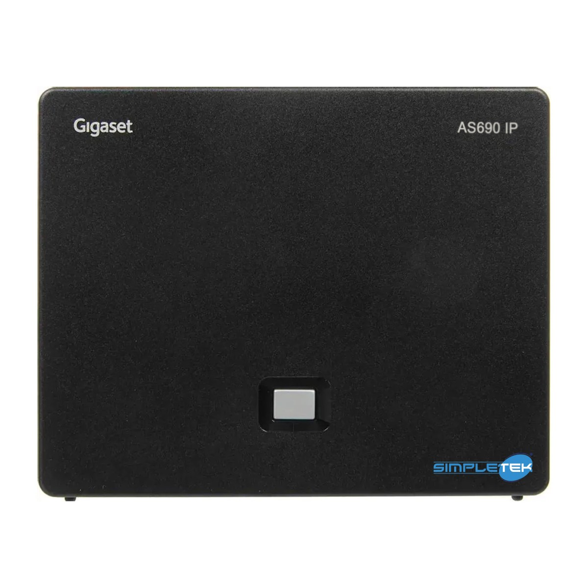 Dispositivo Gigaset AS690 IP nero con un pulsante argentato al centro.