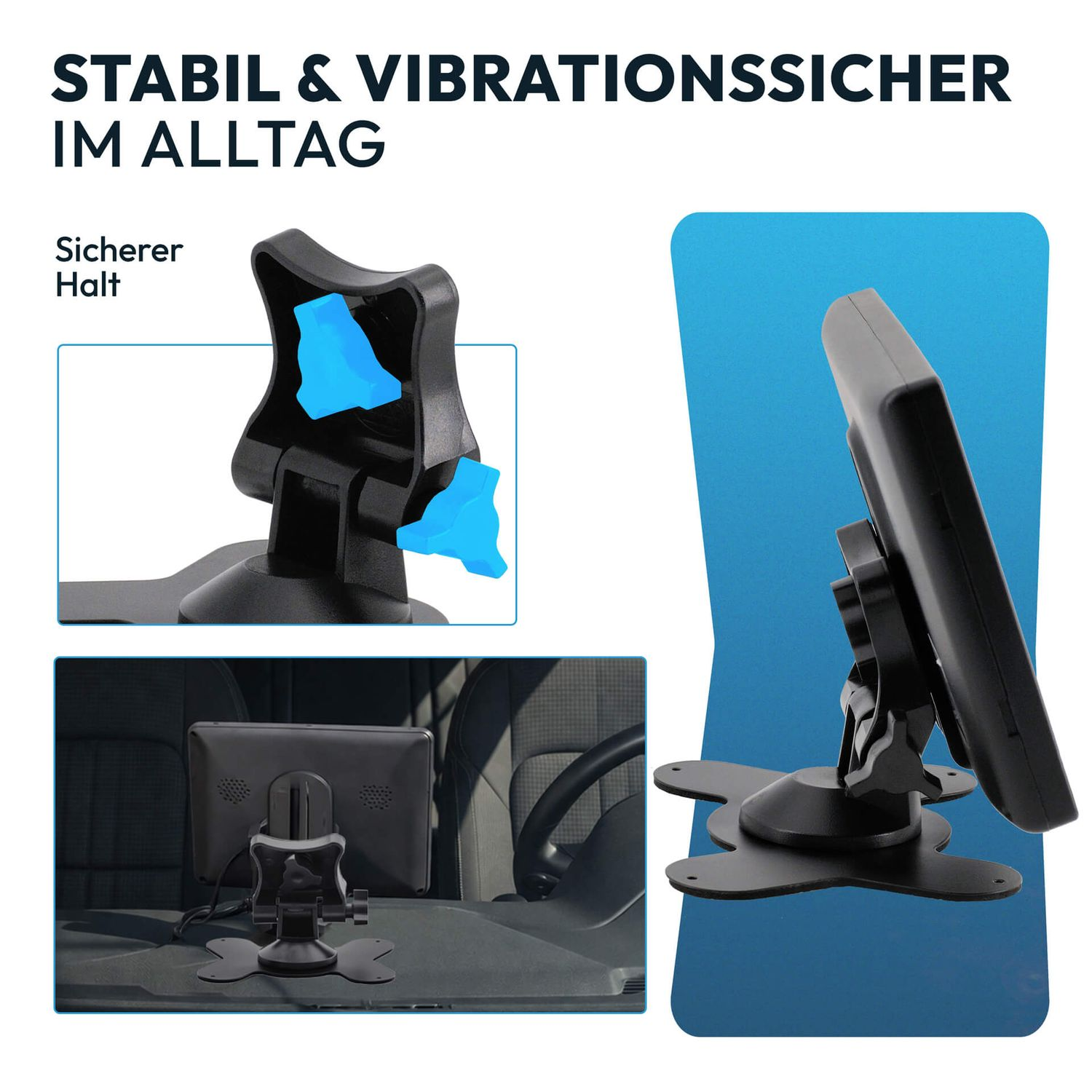 Ein schwarzer Bildschirmhalter mit Saugnapf an einem Armaturenbrett. Nahaufnahme.