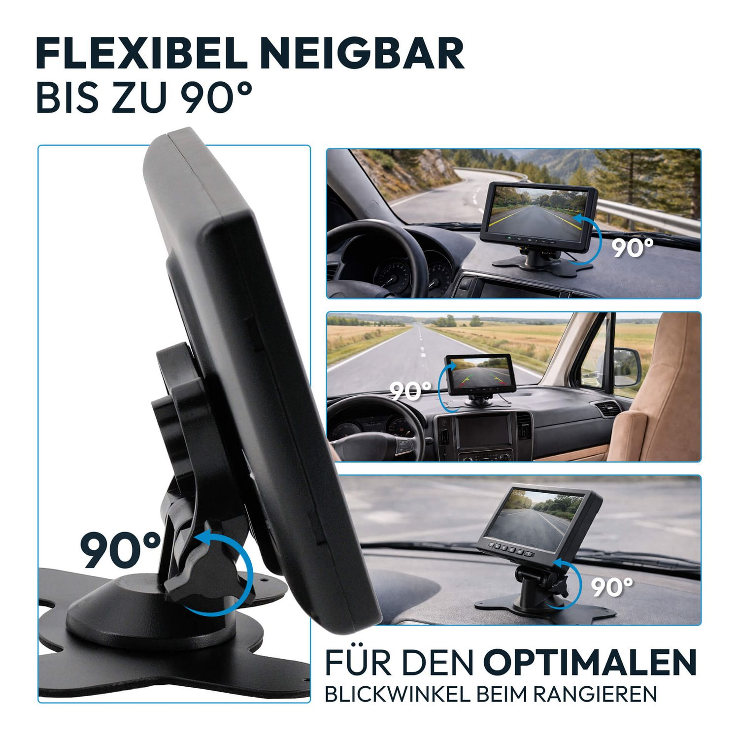 Flexibler Monitor bis 90° neigbar, ideal für Rangierwinkel.