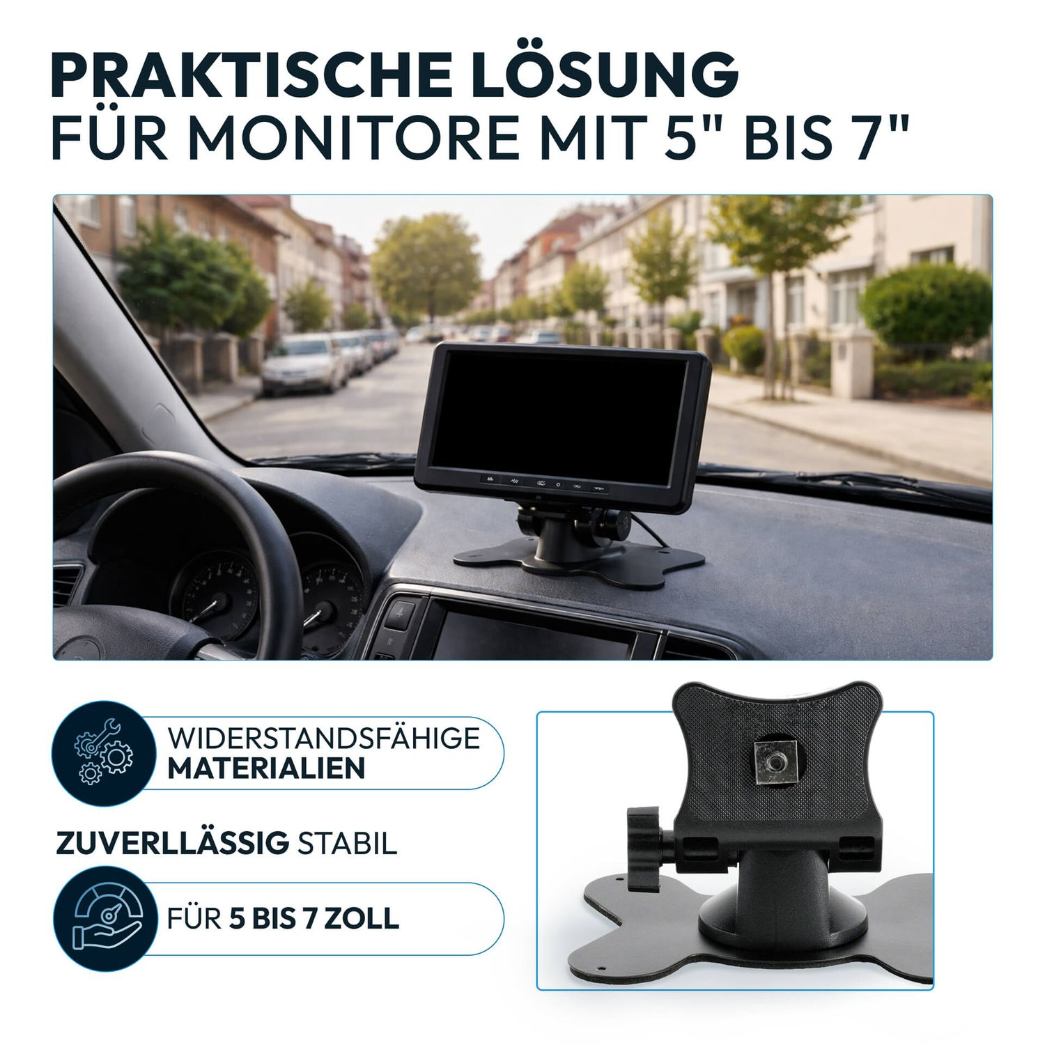 Monitorhalterung für Autos mit 5-7 Zoll Bildschirmen, robust und stabil.