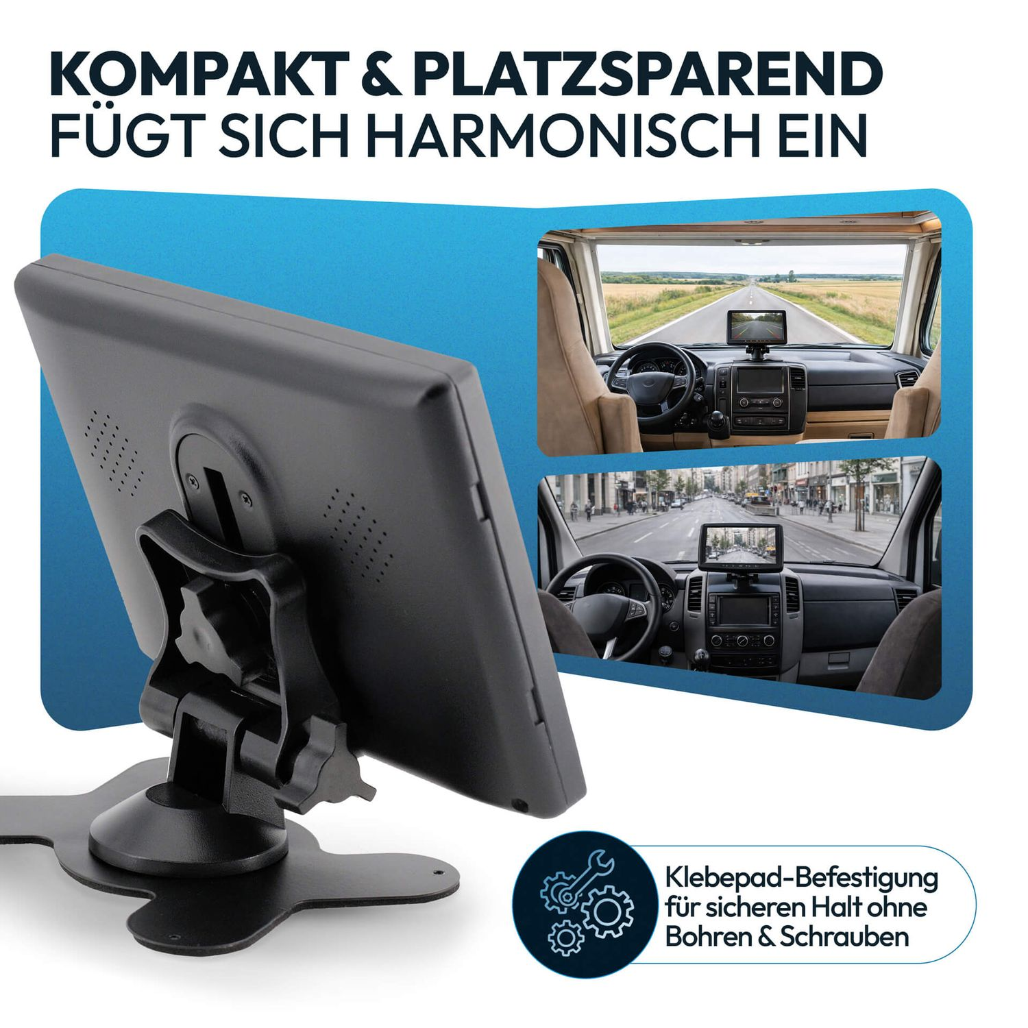Ein Navigationsgerät mit flexiblem Halter und Klebepad-Befestigung.