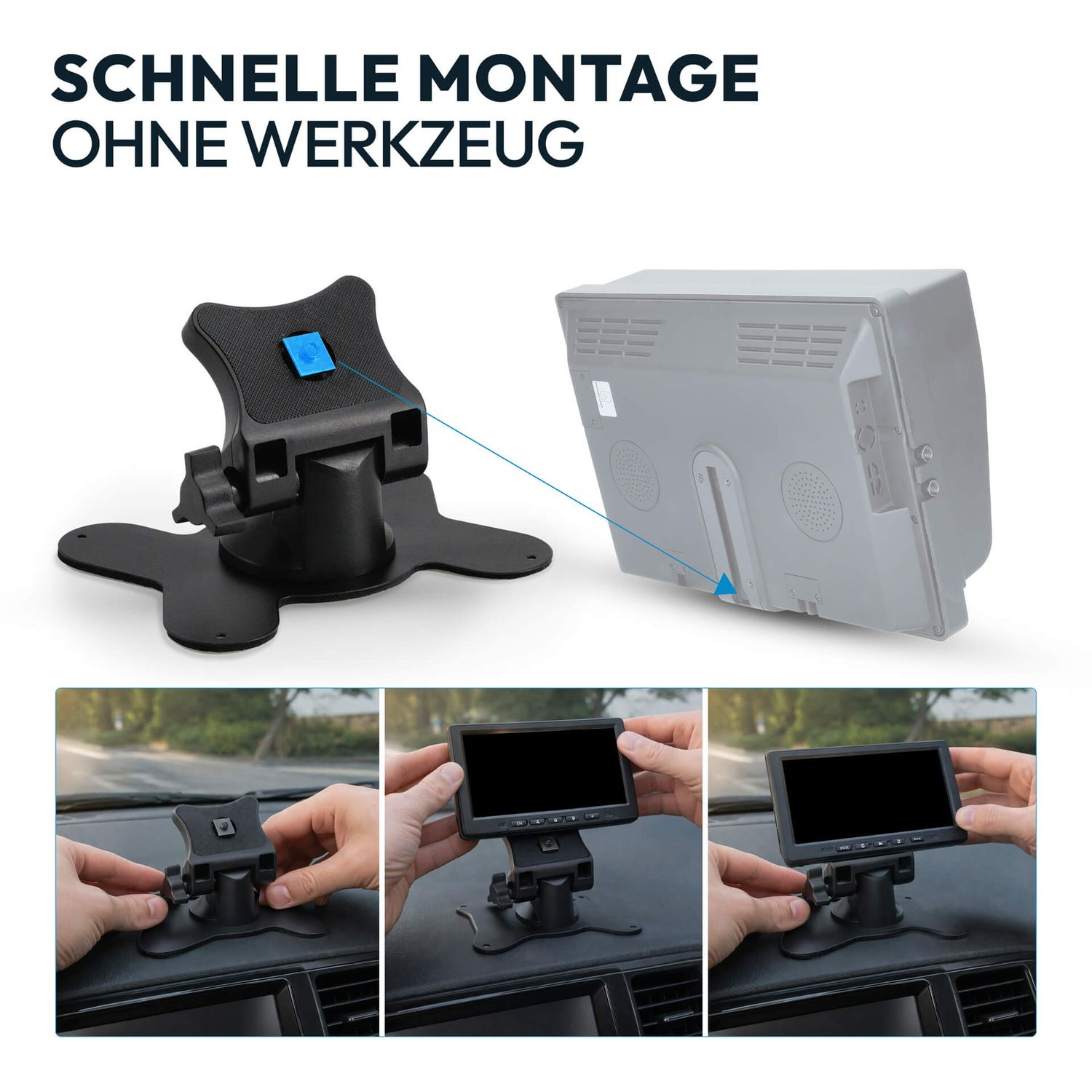 Schnelle Montage ohne Werkzeug: Halterung und Monitor am Armaturenbrett befestigen.